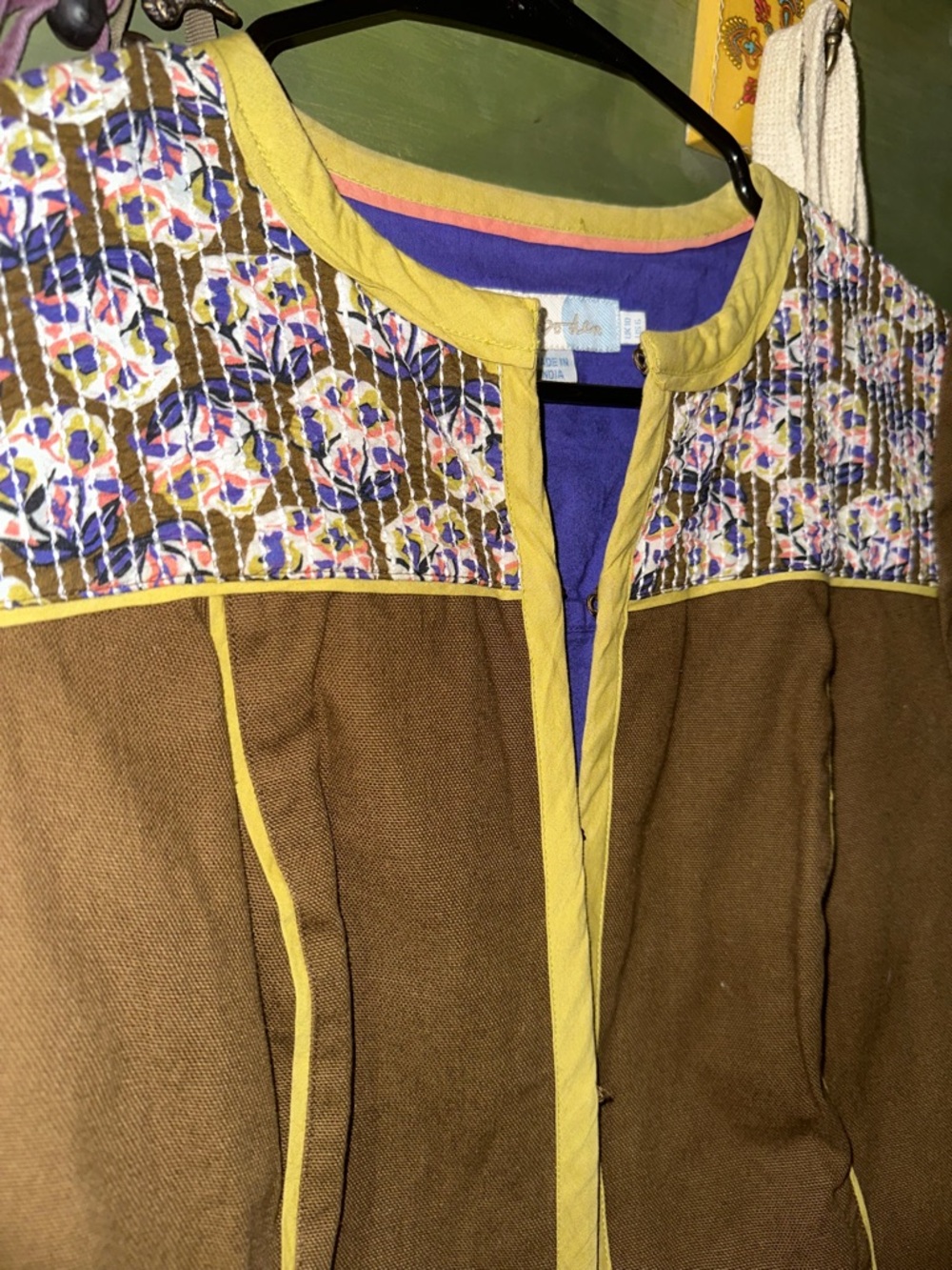 Boden Brown Jacket with Yellow Trim and Multicolor Yoke